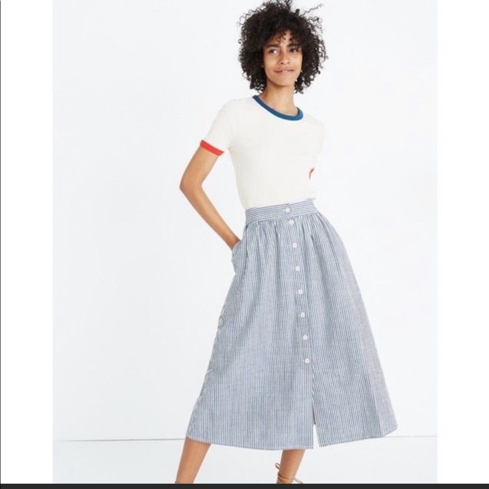 Madewell Blue and White Striped Midi Button-Front Skirt